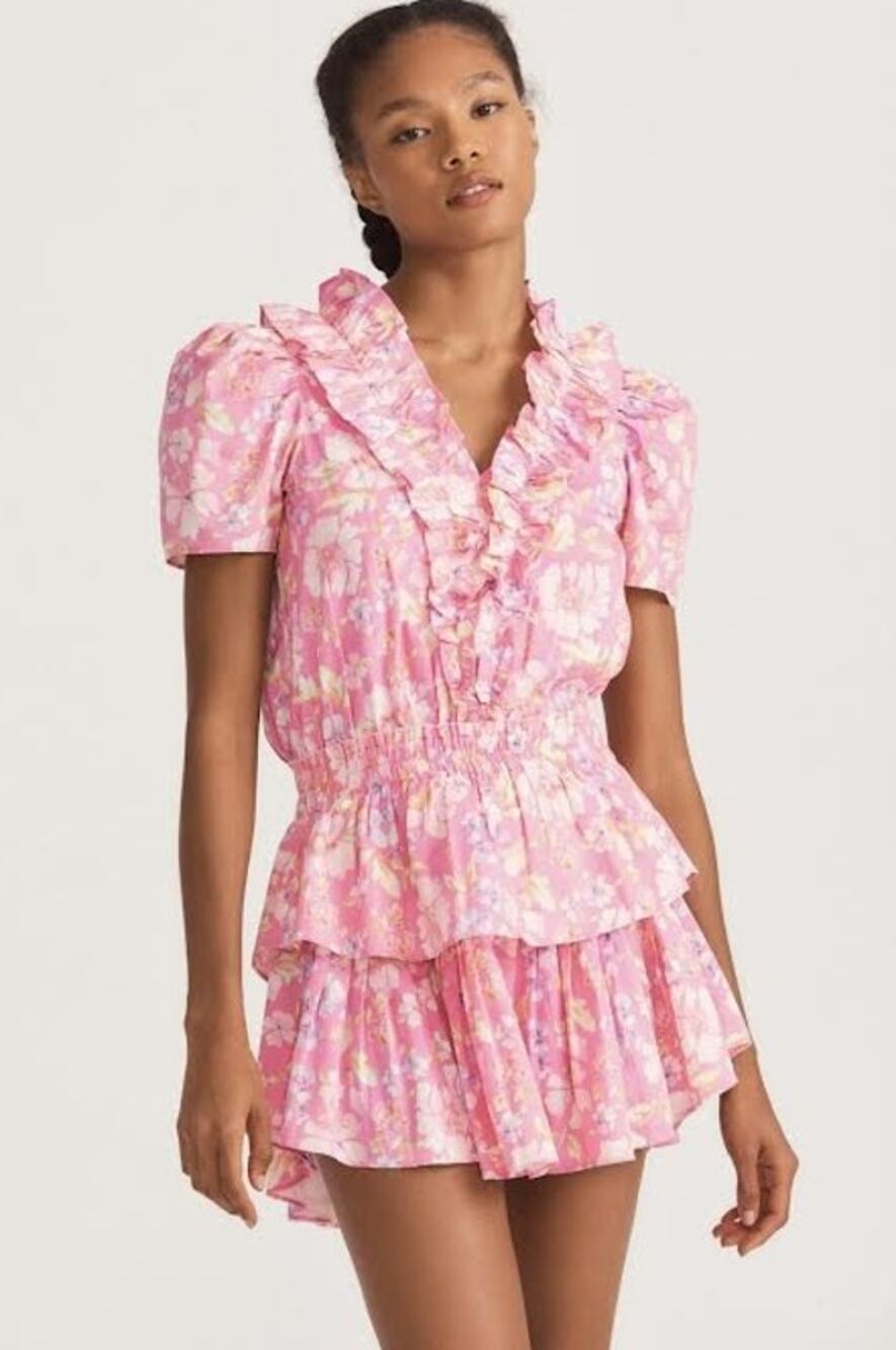 LoveShackFancy Pink Party Bash Ellis Floral Ruffle Tiered Mini Dress Size Med